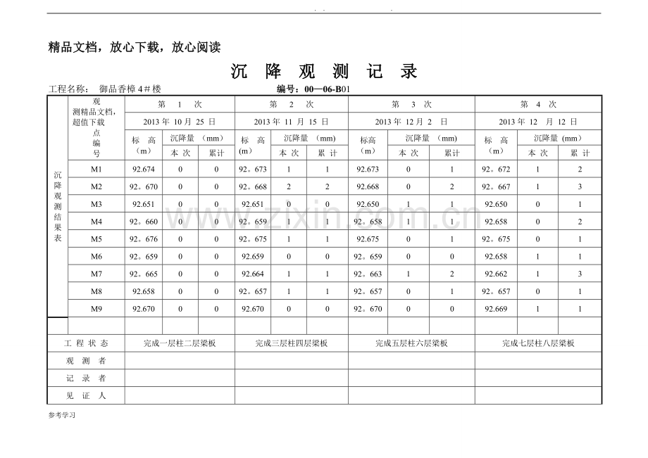沉降观测记录表格模板.doc_第1页