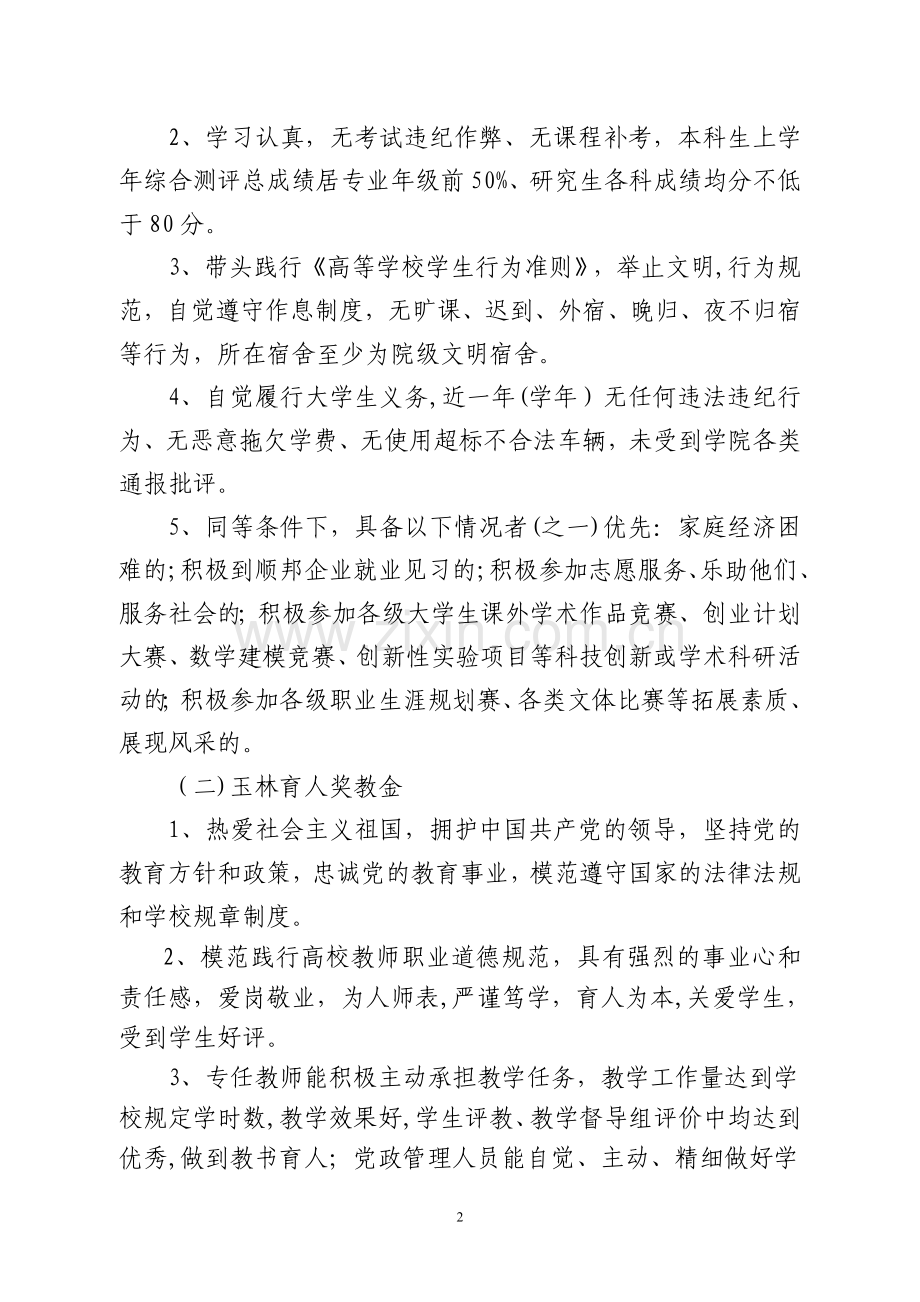 福建农林大学经济学院：“顺邦奖学金”及“玉林育人奖教金”管理办法.doc_第2页