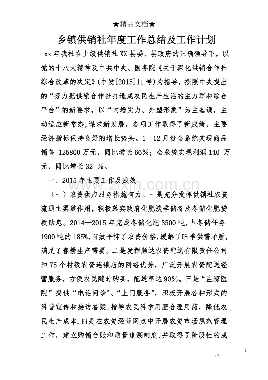 乡镇供销社年度工作总结及工作计划.doc_第1页
