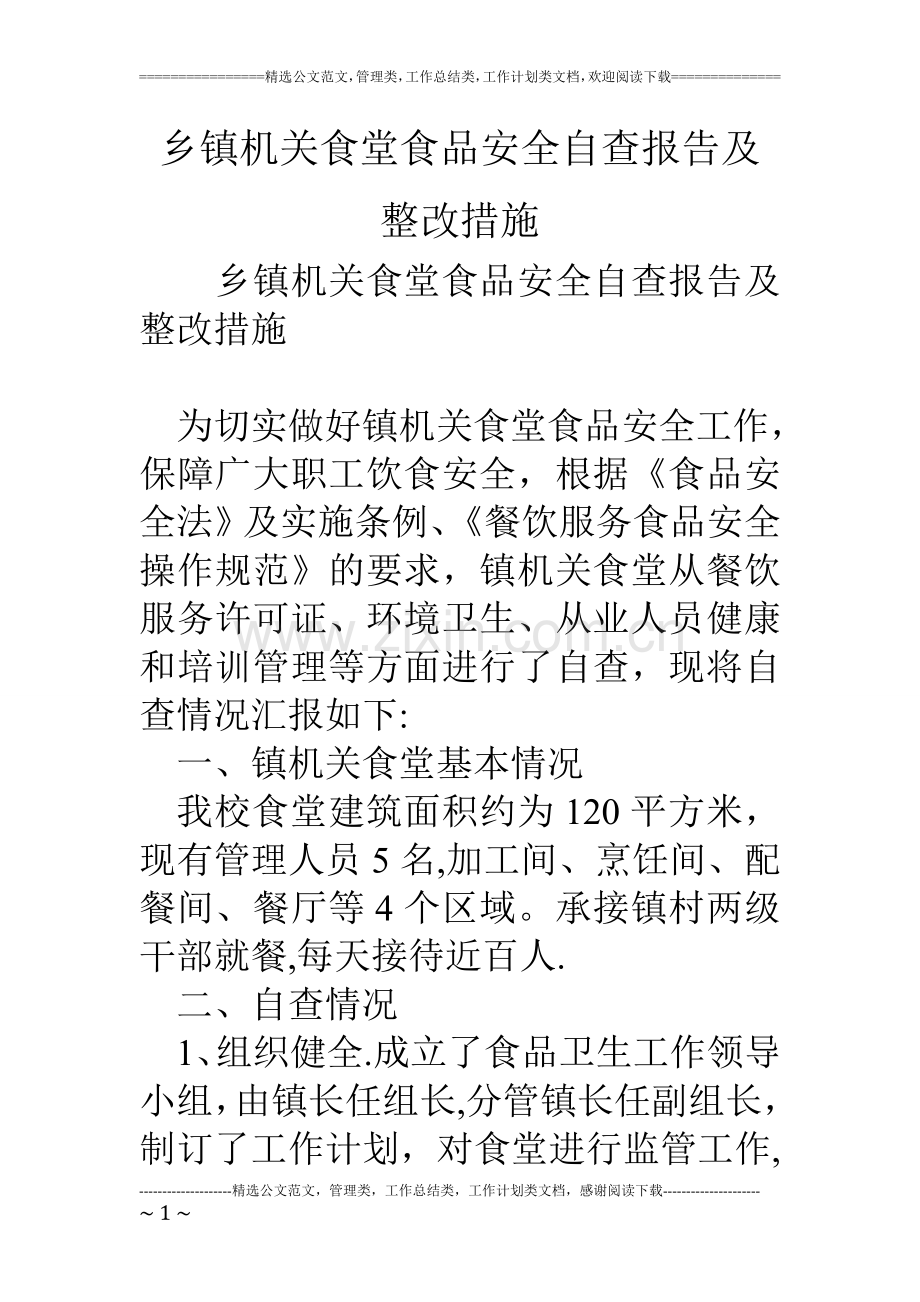 乡镇机关食堂食品安全自查报告及整改措施.doc_第1页