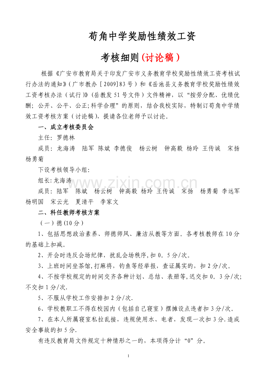 苟角中学奖励性绩效工资考核细则(讨论稿).doc_第1页