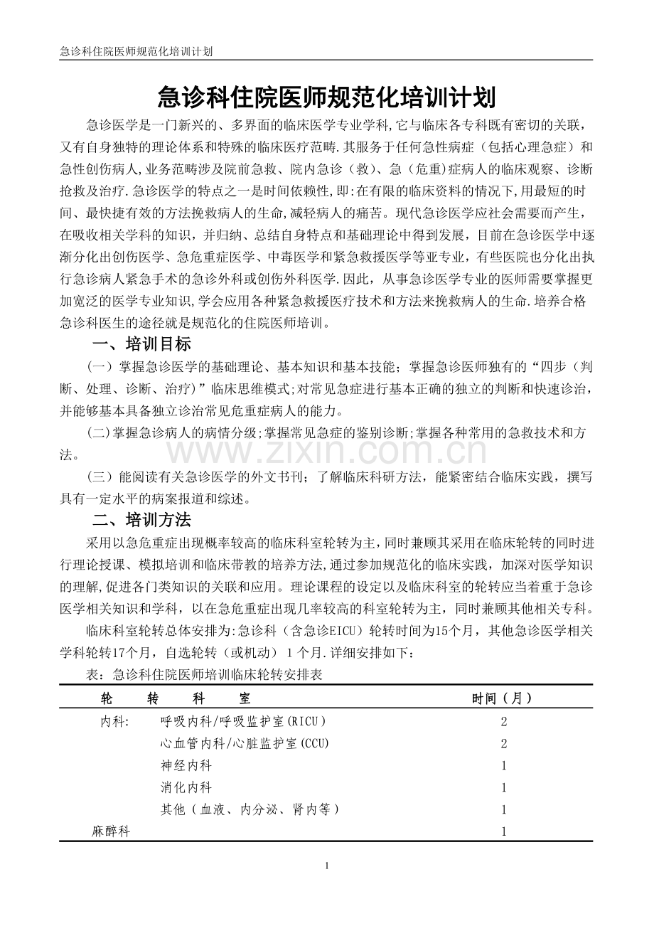 急诊科住院医师规范化培训计划.doc_第1页