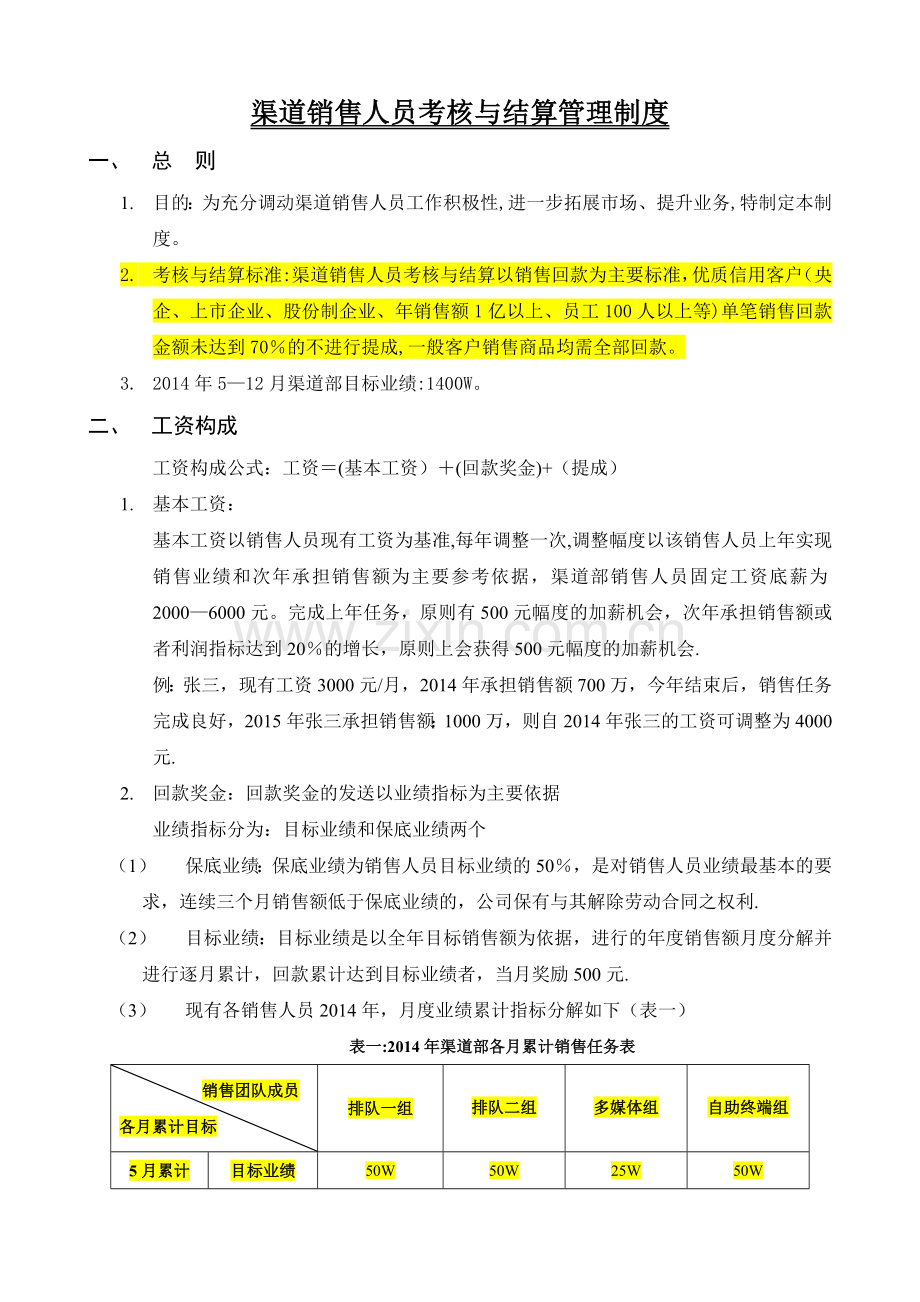 渠道销售人员考核与结算管理制度.docx_第1页