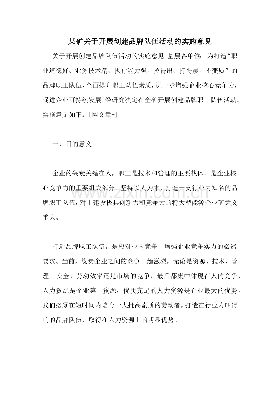 某矿关于开展创建品牌队伍活动的实施意见.doc_第1页