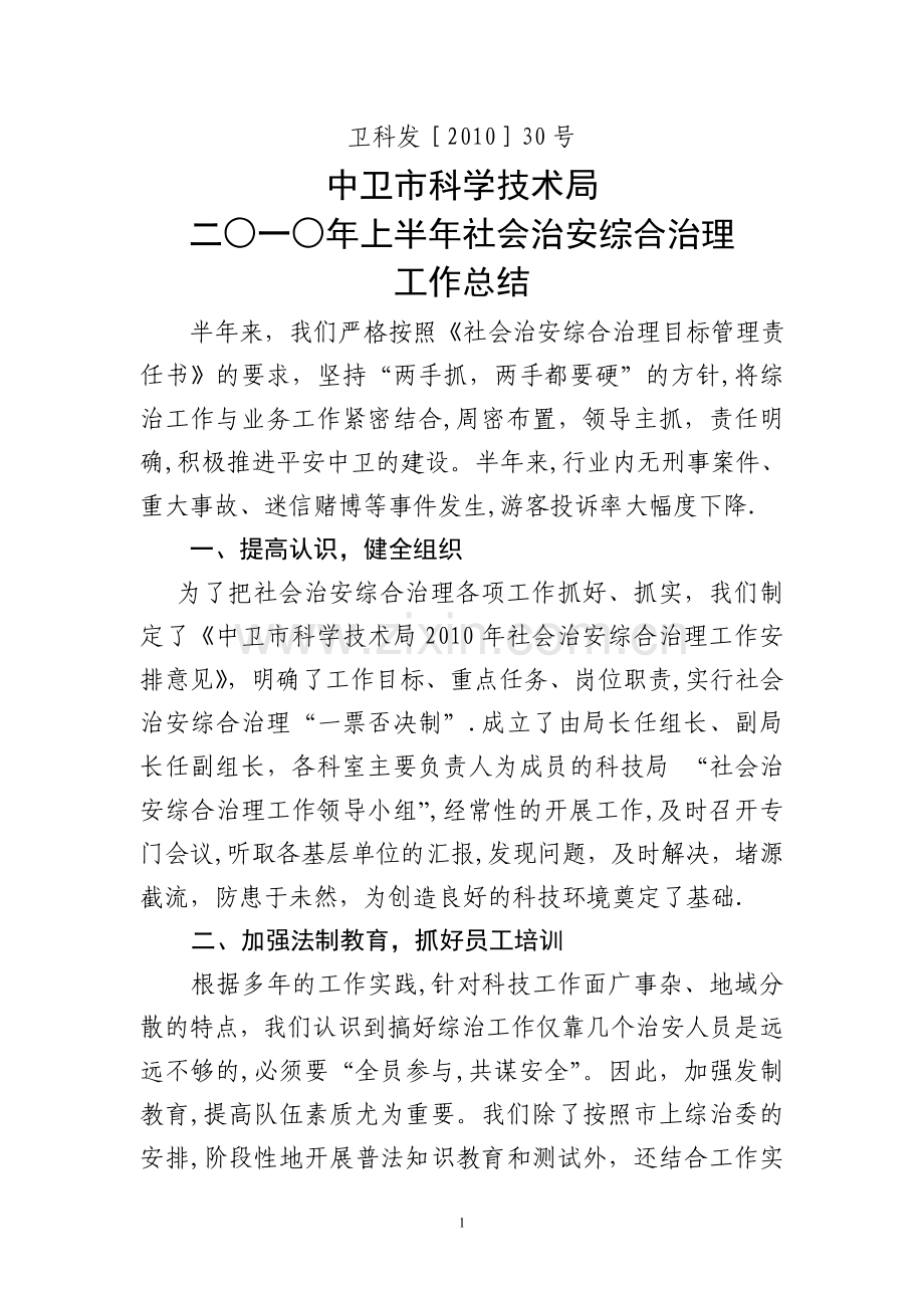 二○一○年上半年社会治安综合治理工作总结.doc_第1页