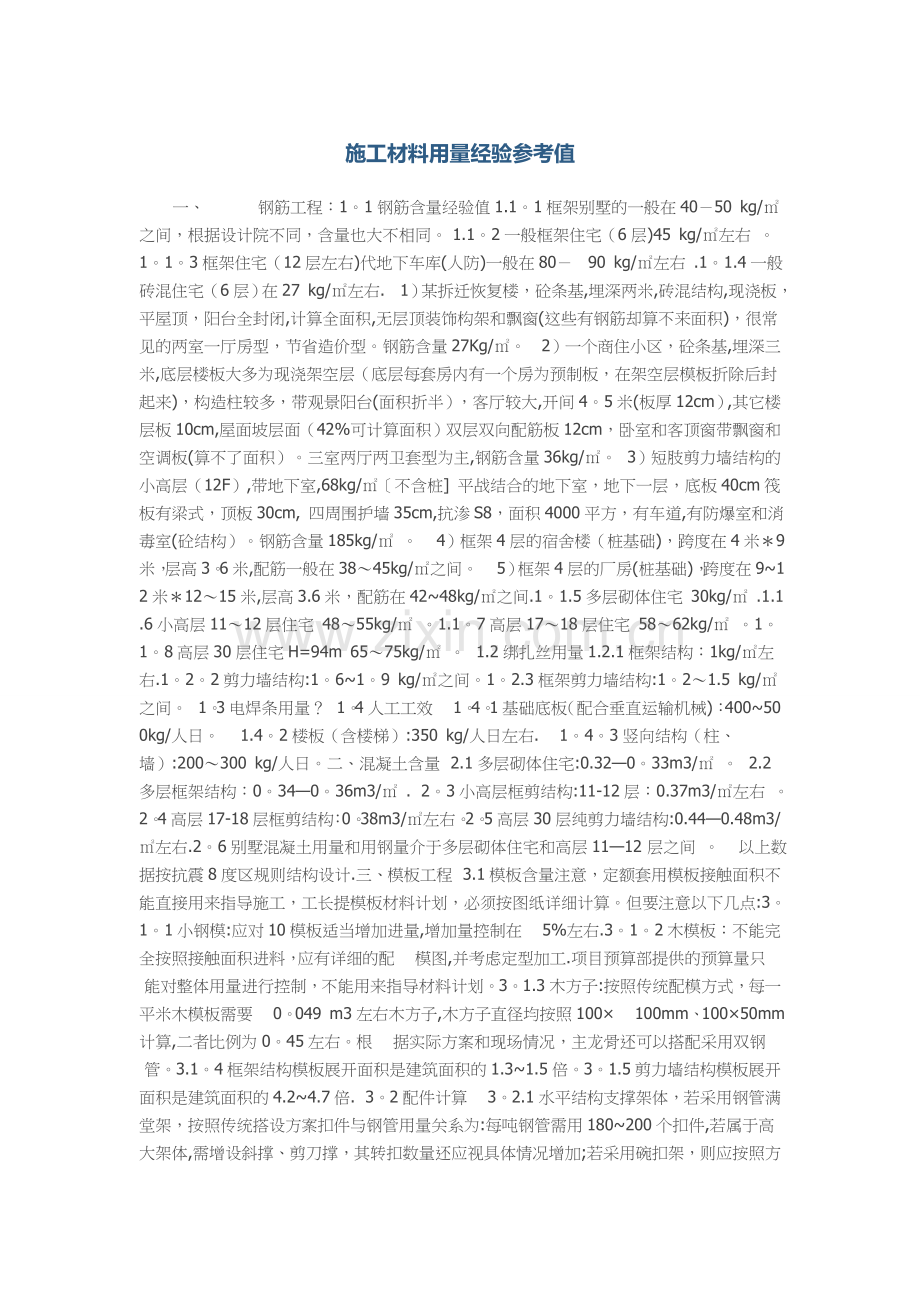 施工材料用量参考值.doc_第1页