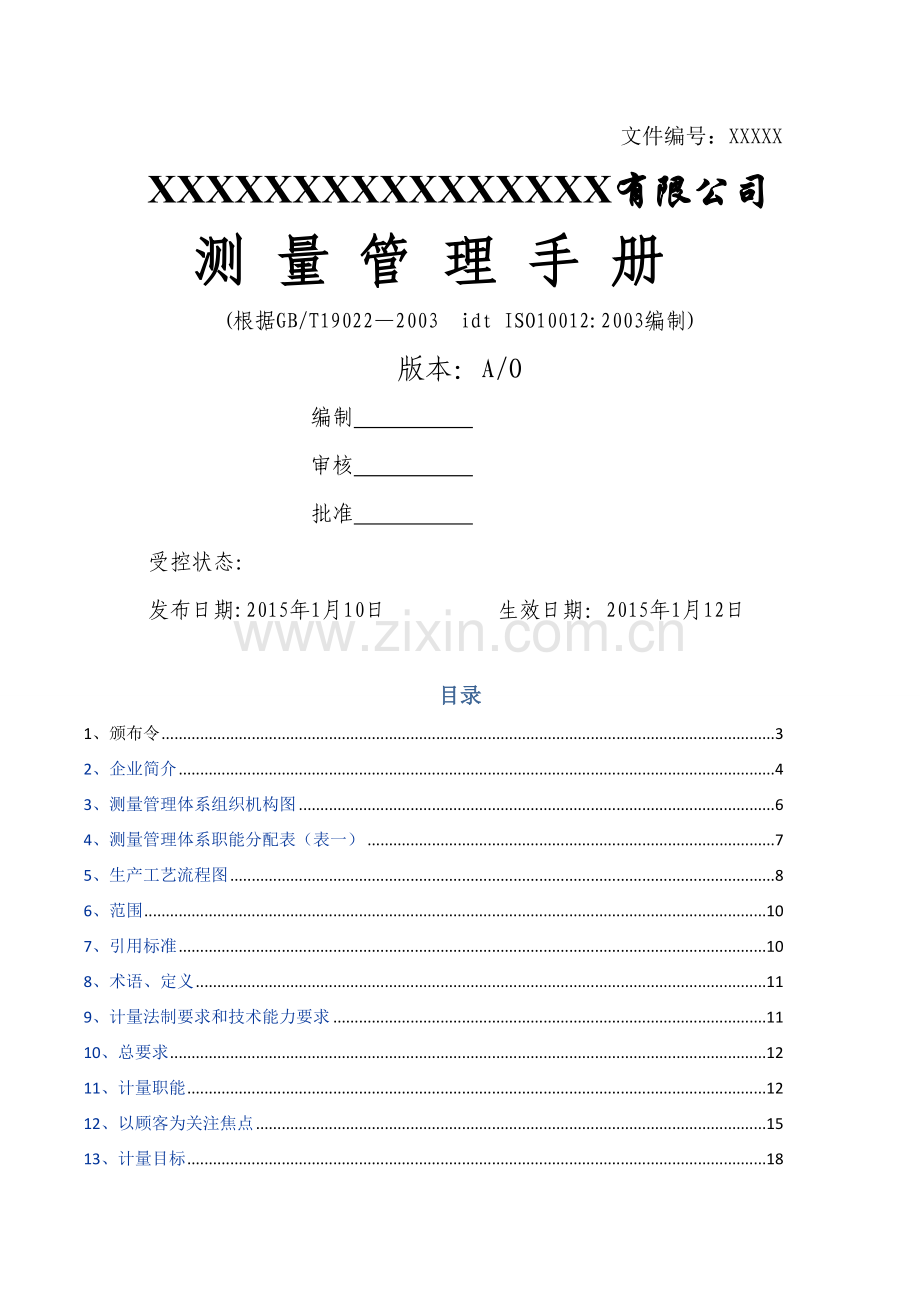测量管理体系手册模板.doc_第1页