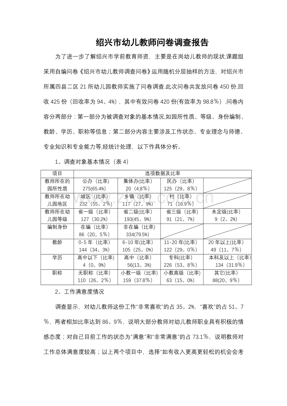 绍兴幼儿教师问卷调查报告-学前教育系-绍兴文理学院上虞分院.doc_第1页