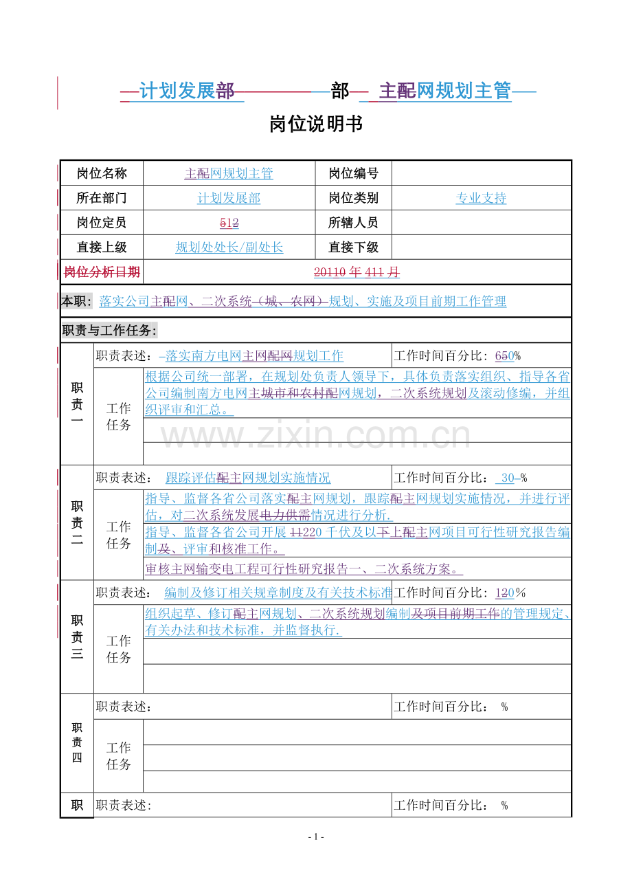 计划发展部-主网规划主管岗位说明书.doc_第1页