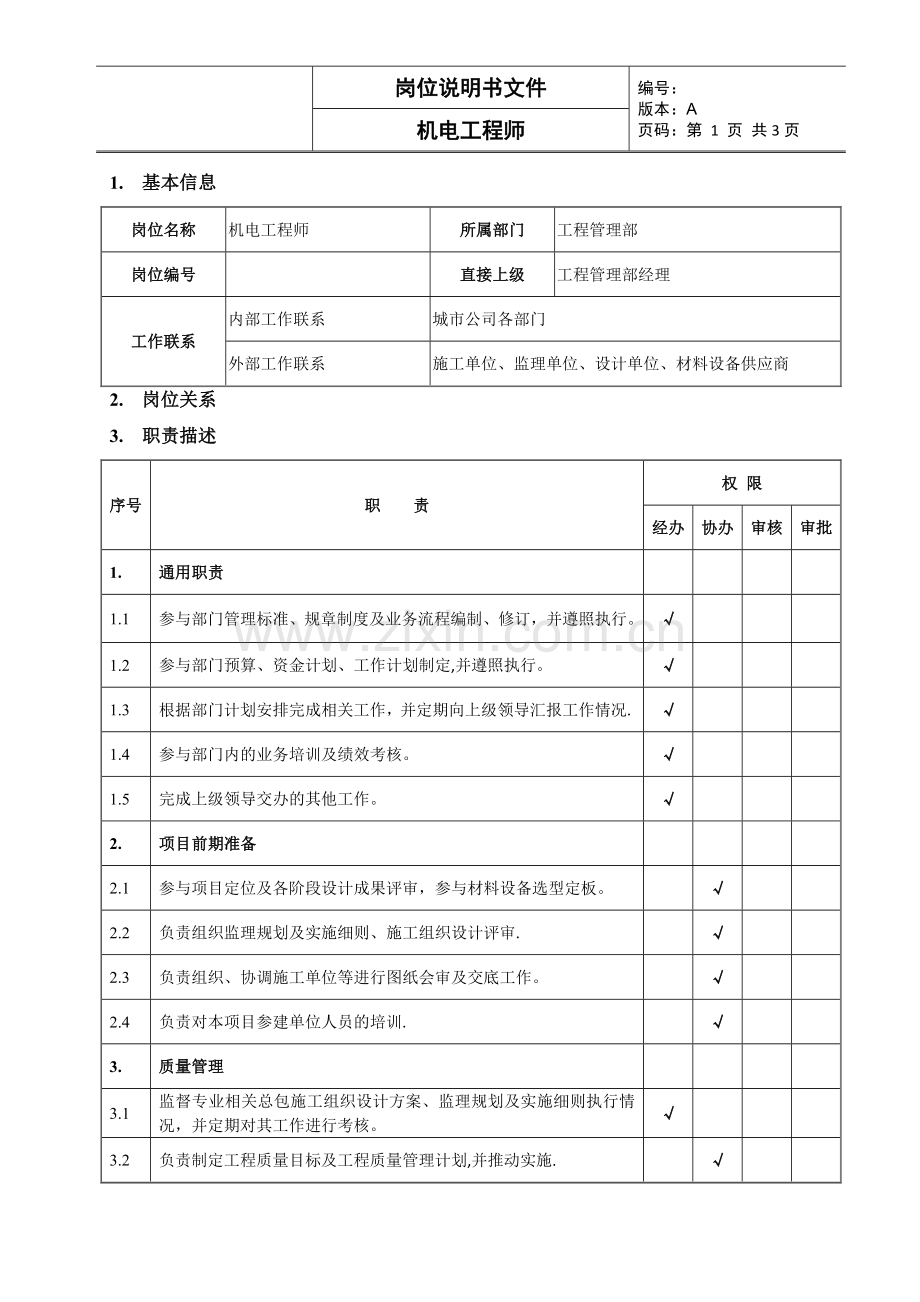房地产行业机电工程师岗位说明书.doc_第1页