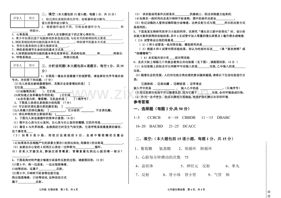 苏教版七年级下生物期末试卷(含答案).doc_第2页