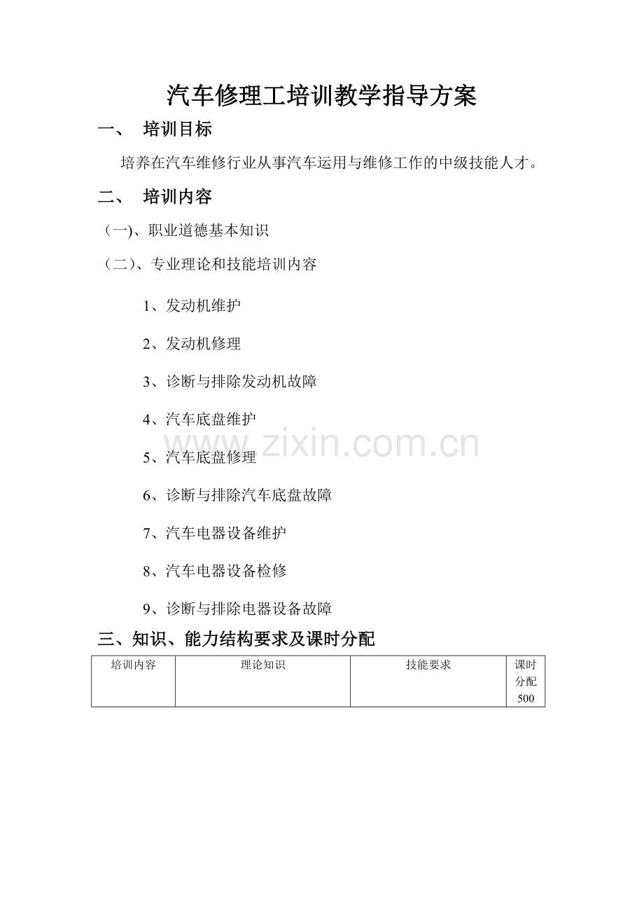 汽车修理工培训教学指导方案.doc_第1页