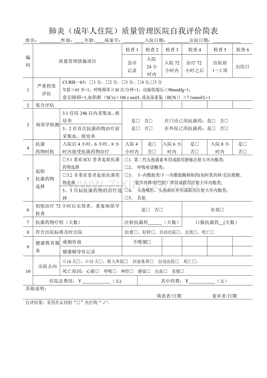 肺炎(成年人住院)质量管理医院自我评价简表.doc_第1页