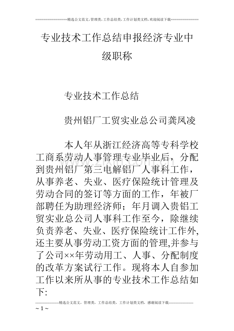 专业技术工作总结申报经济专业中级职称.doc_第1页