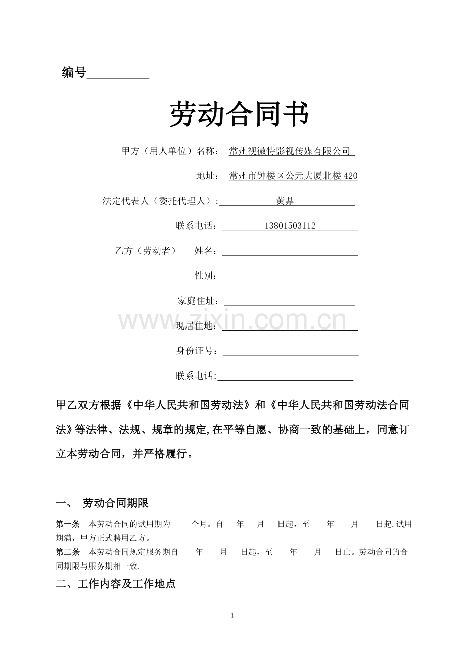 视微特传媒公司员工劳动合同.doc_第1页