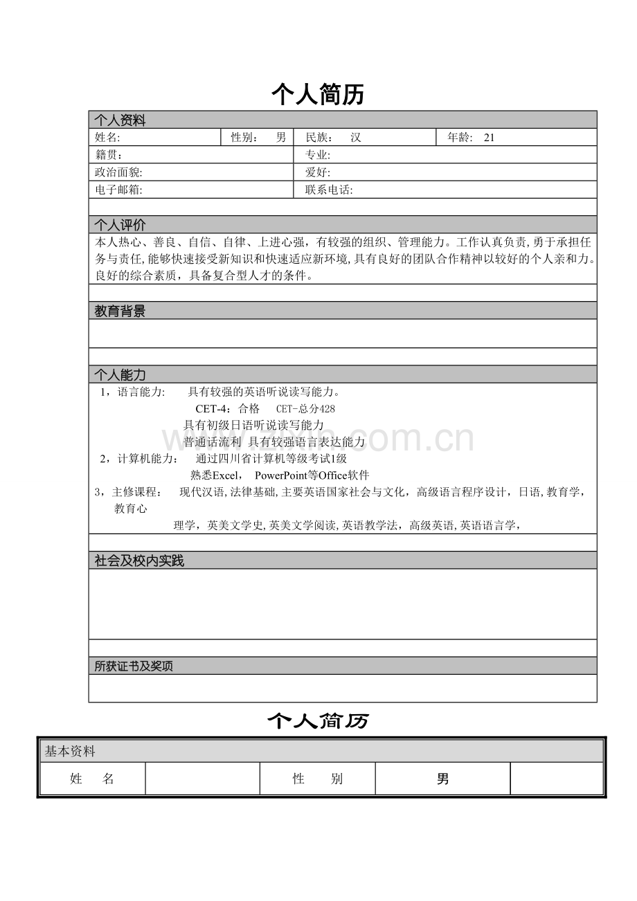 个人简历模板(word版).docx_第2页