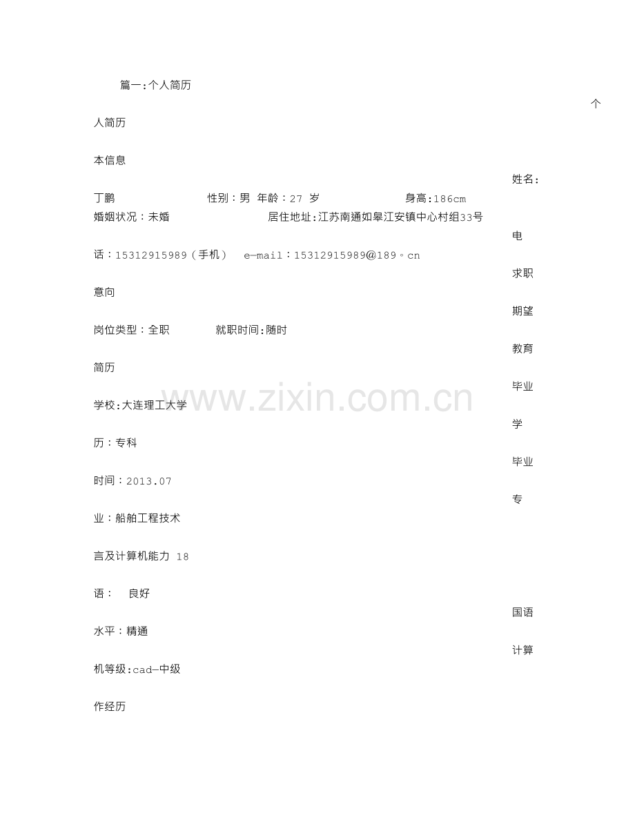 丁鹏个人简历.doc_第1页