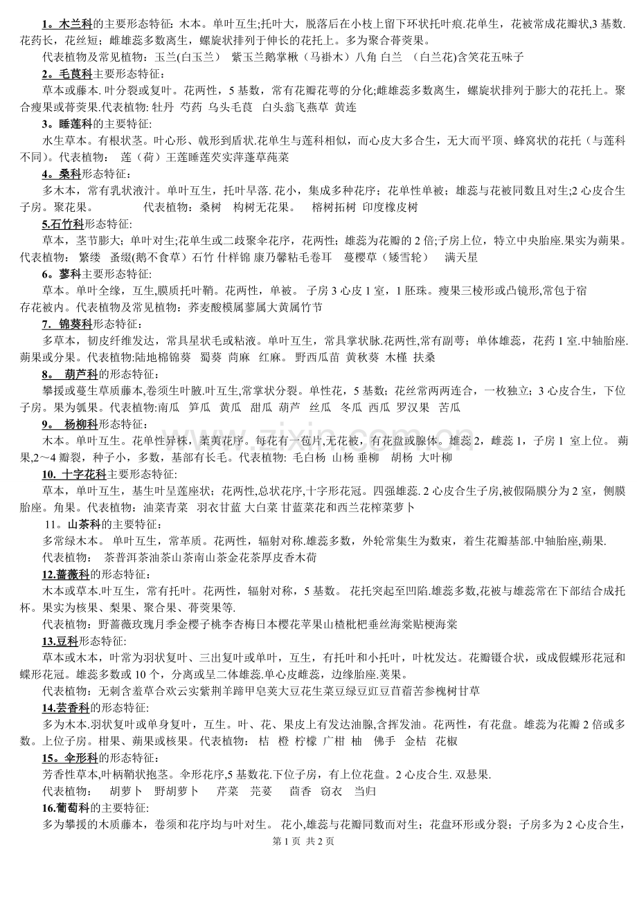 植物学重点科特征及代表植物.doc_第1页