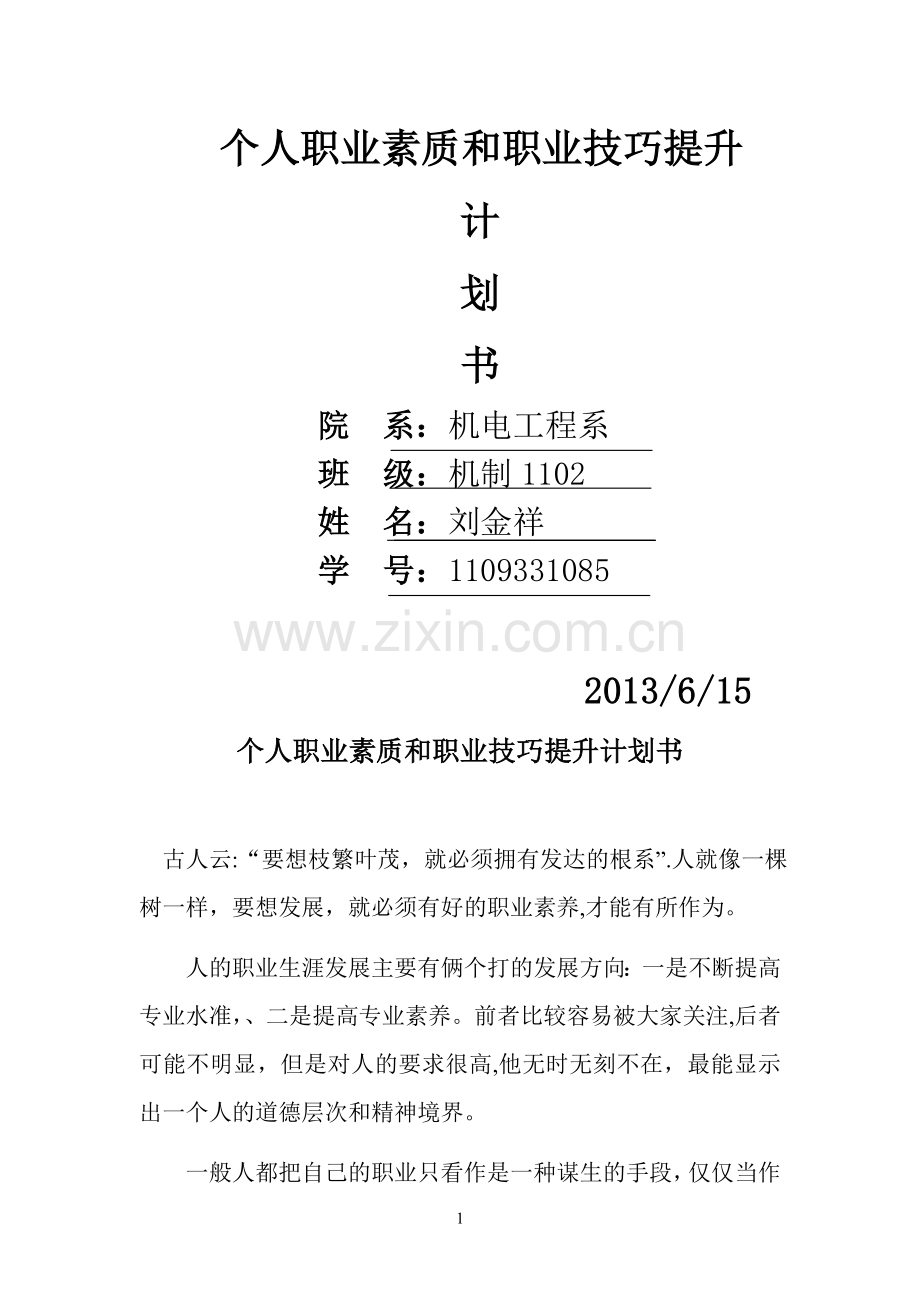 个人职业素质和职业技巧提升计划书.doc_第1页