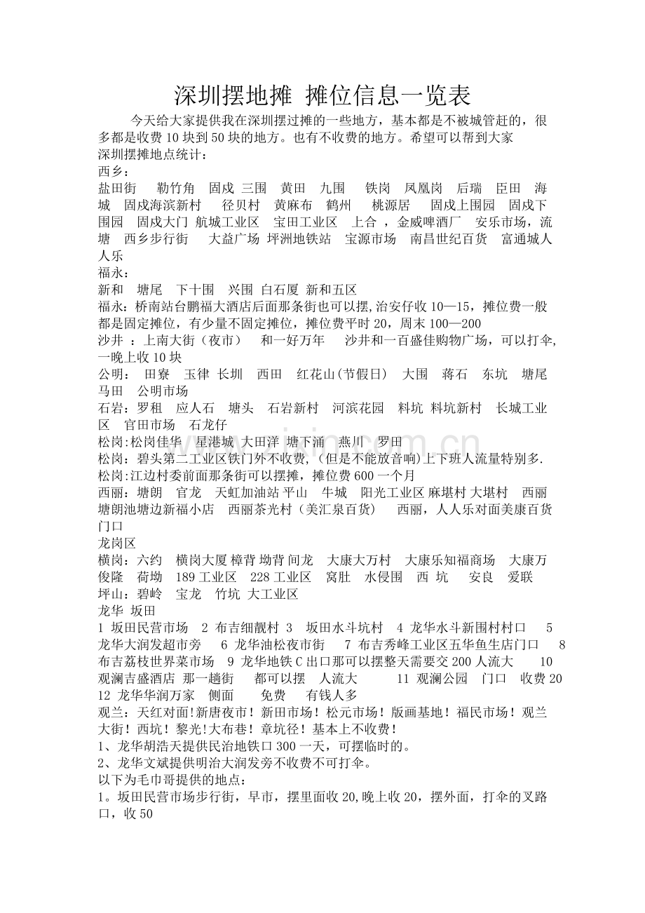 深圳摆地摊-摊位信息一览表.doc_第1页