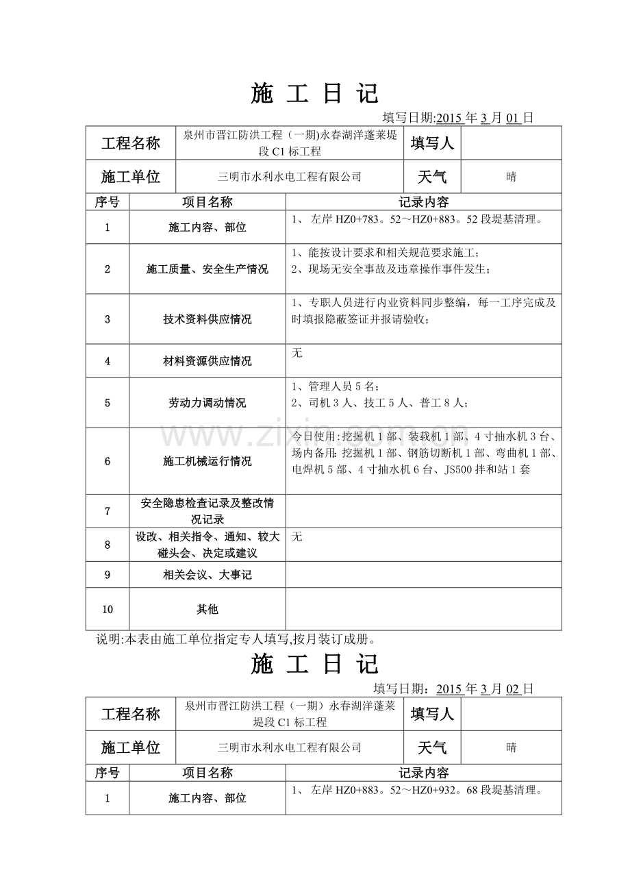 水利水电新格式新规范施工日记.doc_第1页