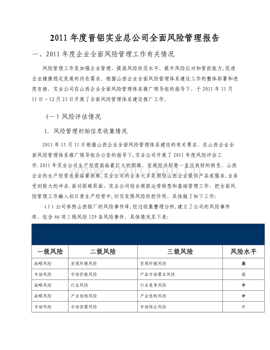 实业公司-2011年度全面风险管理报告.doc_第1页