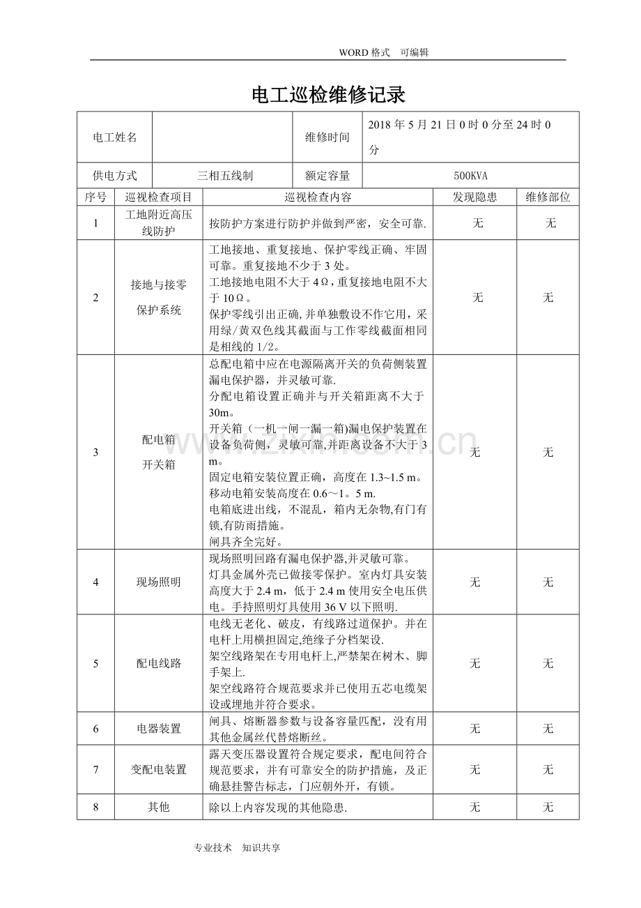 电工巡视维修记录文本表(含内容).doc_第1页