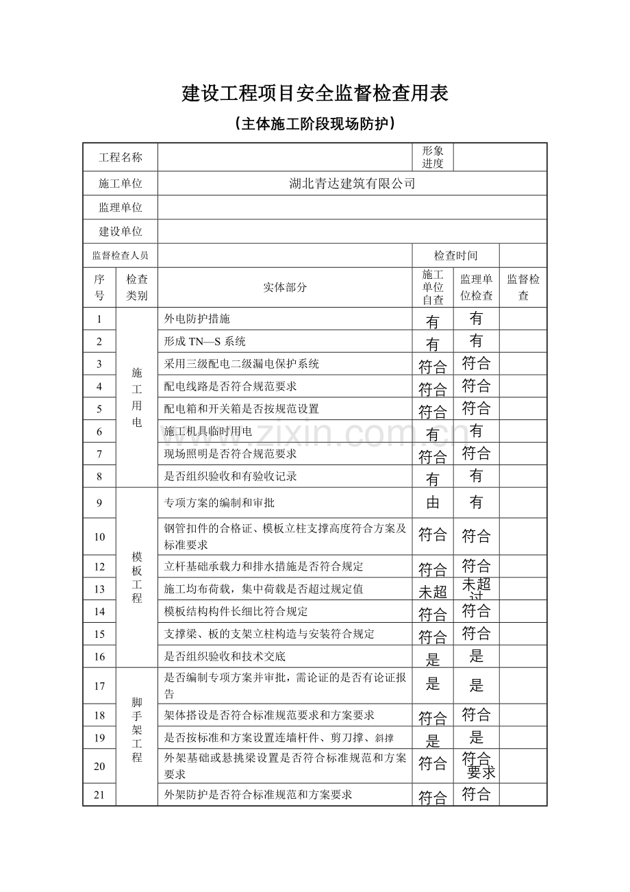 主体、装饰施工阶段现场防护建设工程项目安全监督检查用表.doc_第1页