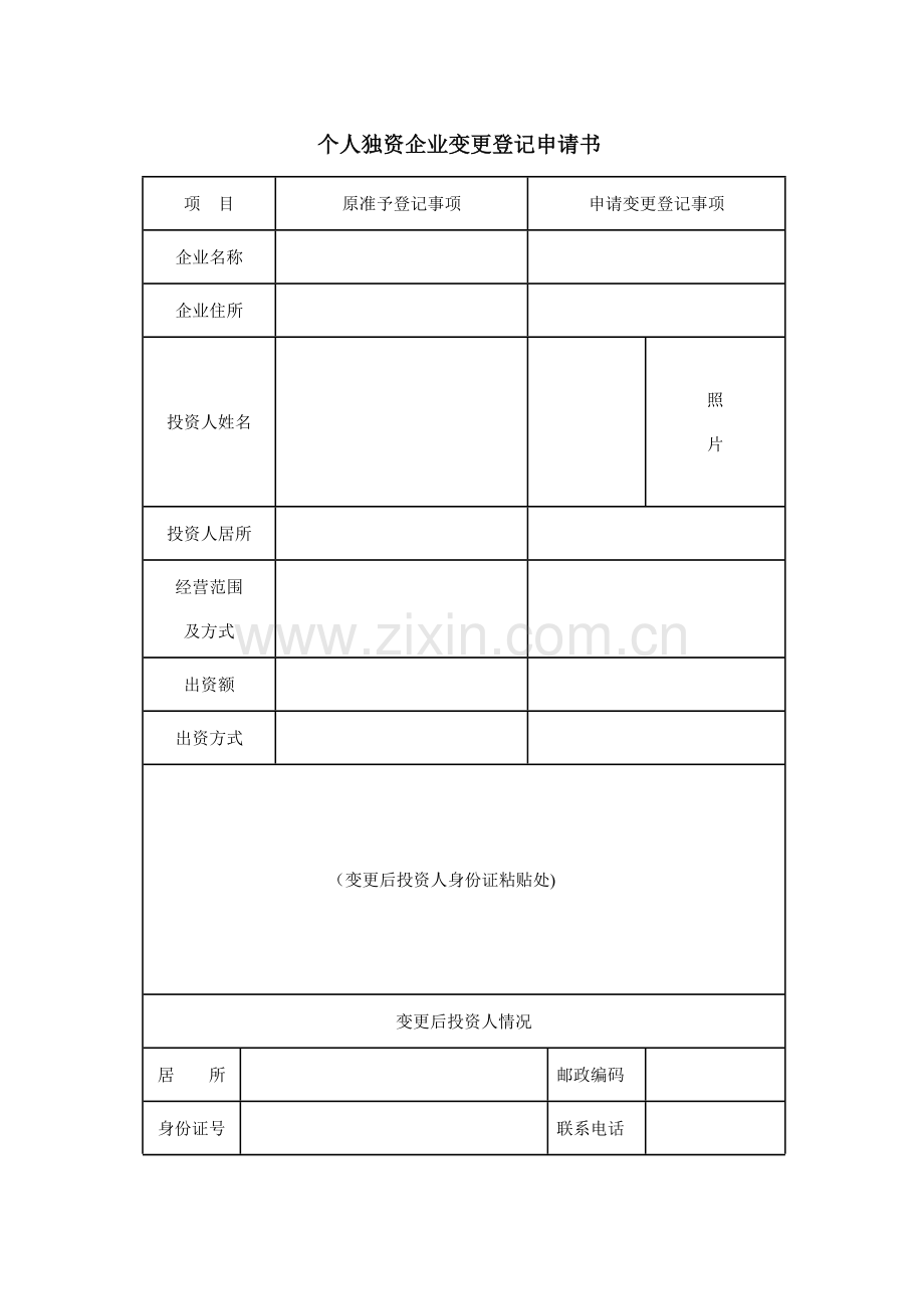 个人独资企业变更申请资料.doc_第1页