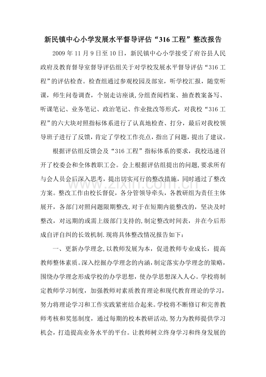 新民镇中心小学发展水平督导评估“316工程”整改报告.doc_第1页