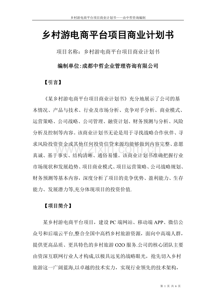 乡村游电商平台项目商业计划书.doc_第1页