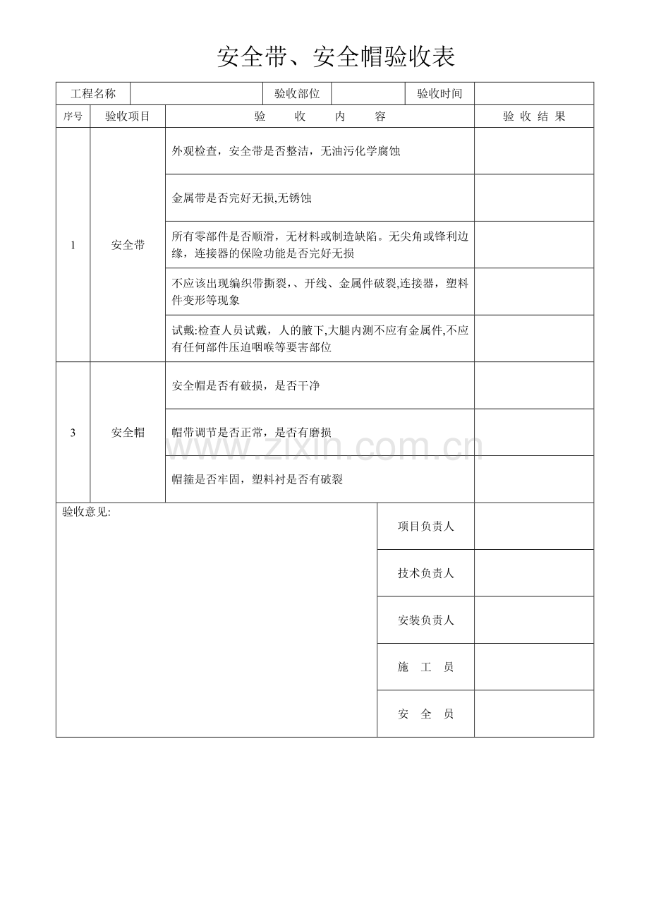 安全帽、安全带验收表.doc_第1页
