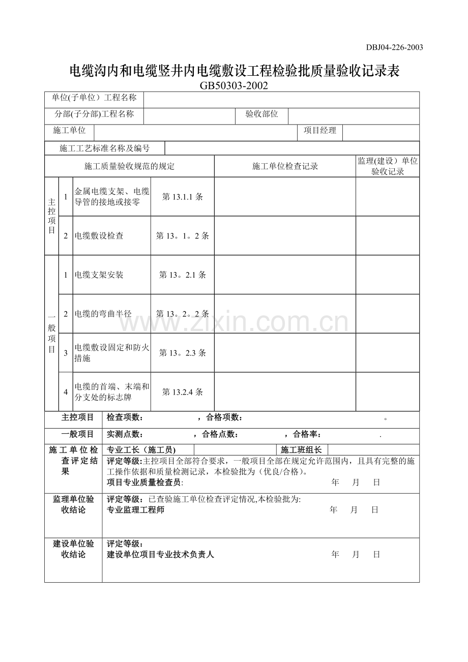电缆沟内和电缆竖井内电缆敷设工程检验批质量验收记录表.doc_第1页