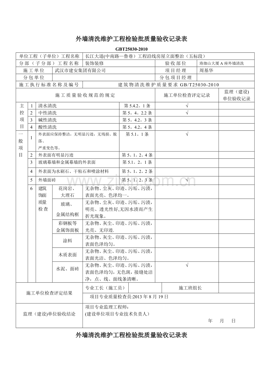外墙清洗维护工程检验批质量验收记录样表.doc_第1页