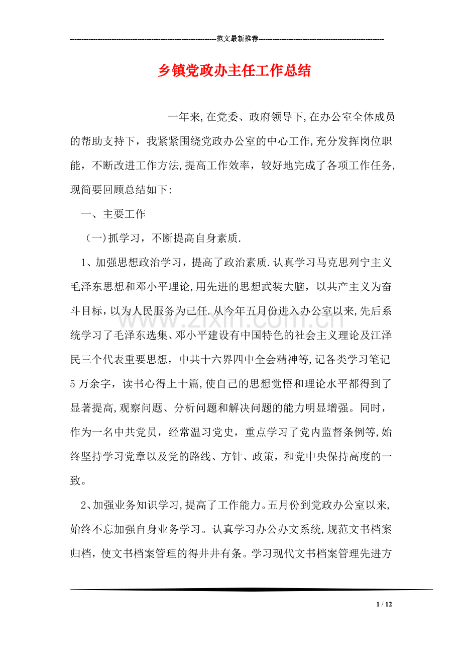 乡镇党政办主任工作总结.doc_第1页