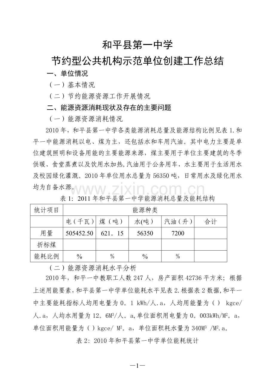 一中节约型公共机构示范单位创建工作总结.doc_第1页