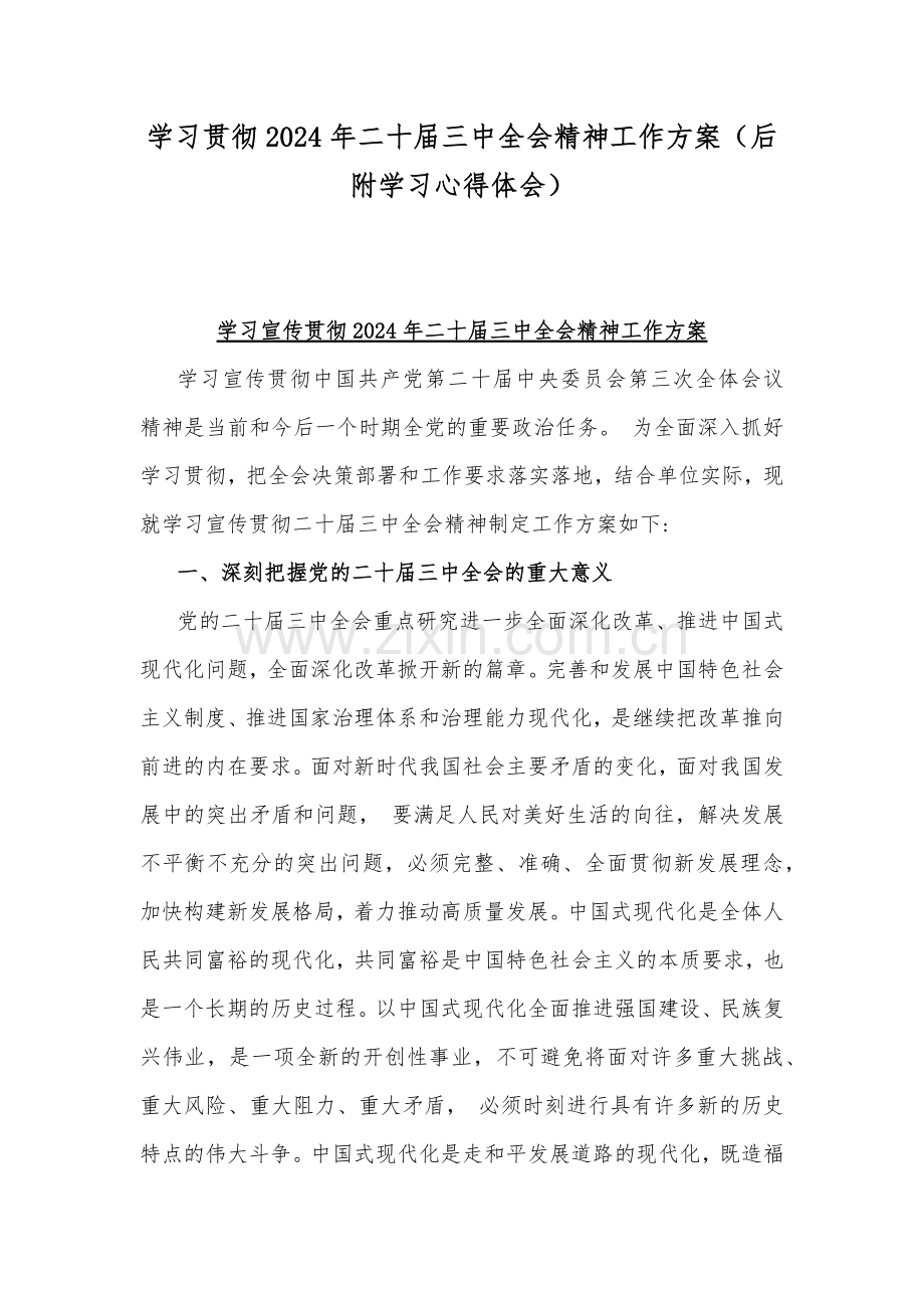 学习贯彻2024年二十届三中全会精神工作方案（后附学习心得体会）.docx_第1页