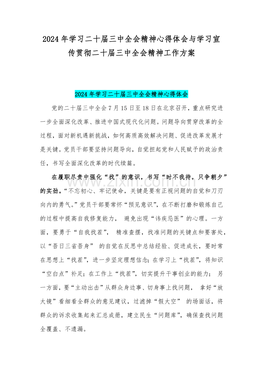2024年学习二十届三中全会精神心得体会与学习宣传贯彻二十届三中全会精神工作方案.docx_第1页