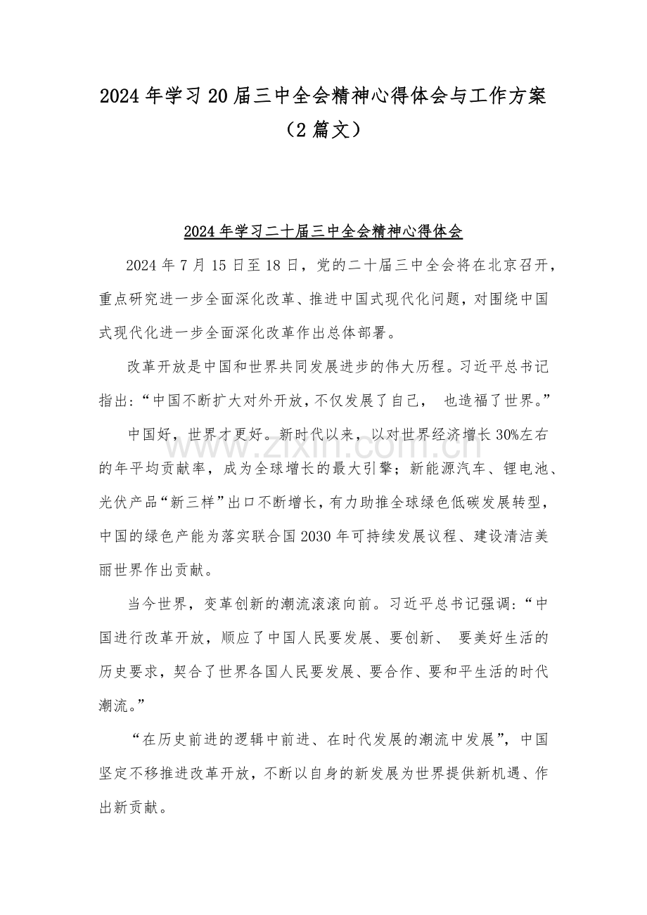 2024年学习20届三中全会精神心得体会与工作方案（2篇文）.docx_第1页