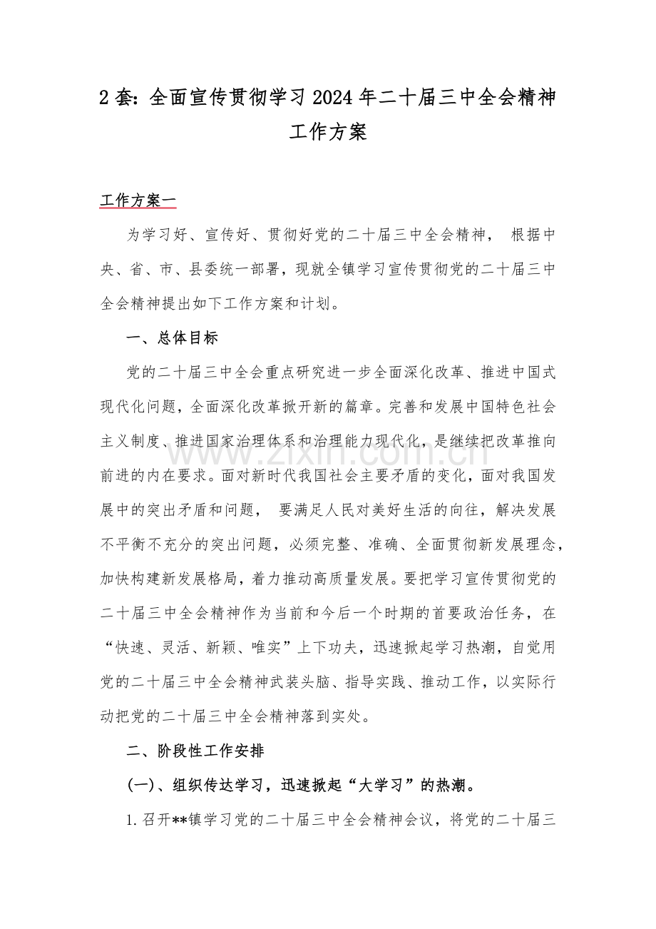 2套：全面宣传贯彻学习2024年二十届三中全会精神工作方案.docx_第1页