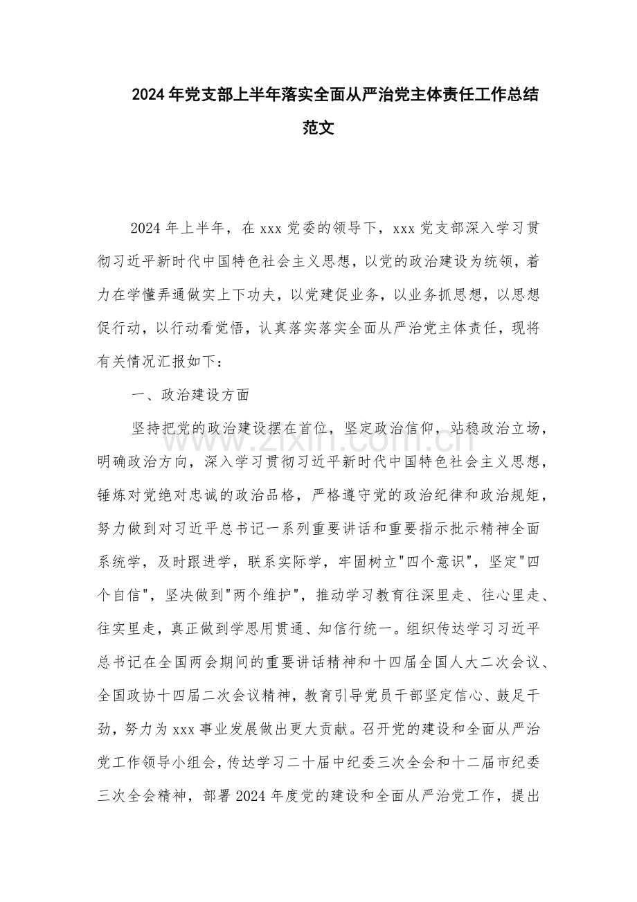 2024年党支部上半年落实全面从严治党主体责任工作总结范文.docx_第1页