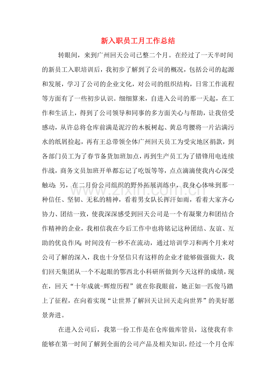 2019年新入职员工月工作总结.doc_第1页