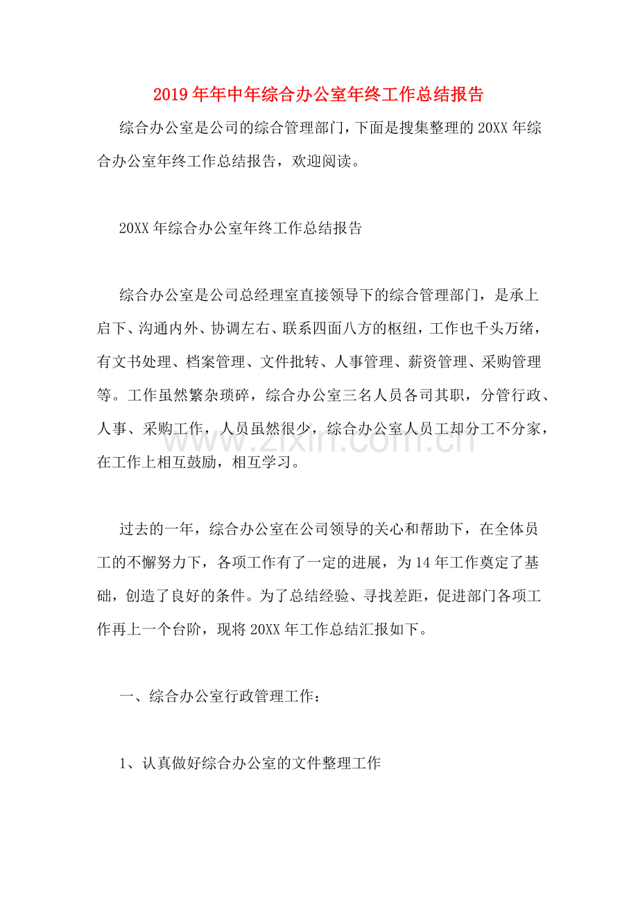 2019年年中年综合办公室年终工作总结报告.doc_第1页