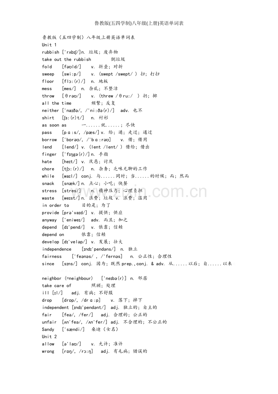鲁教版(五四学制)八年级(上册)英语单词表.doc_第1页