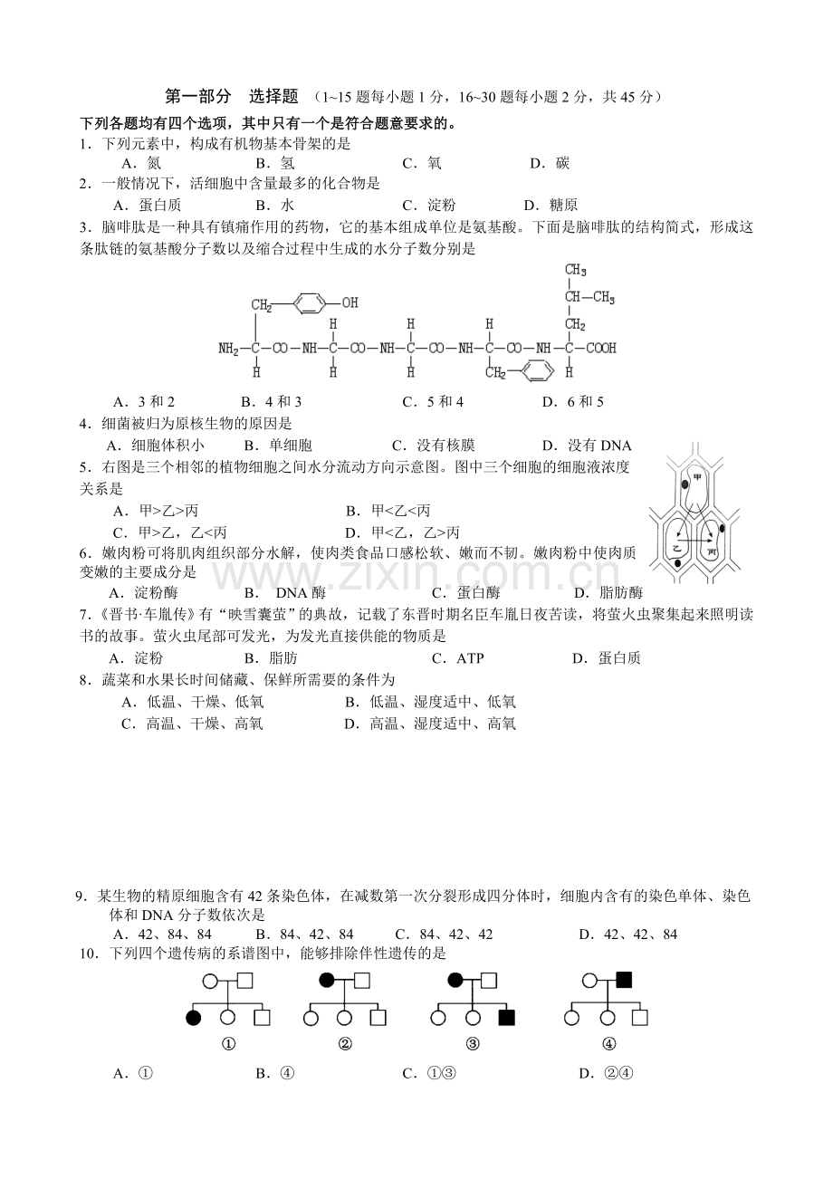 北京市普通高中学业水平考试合格性考试生物试卷.doc_第1页