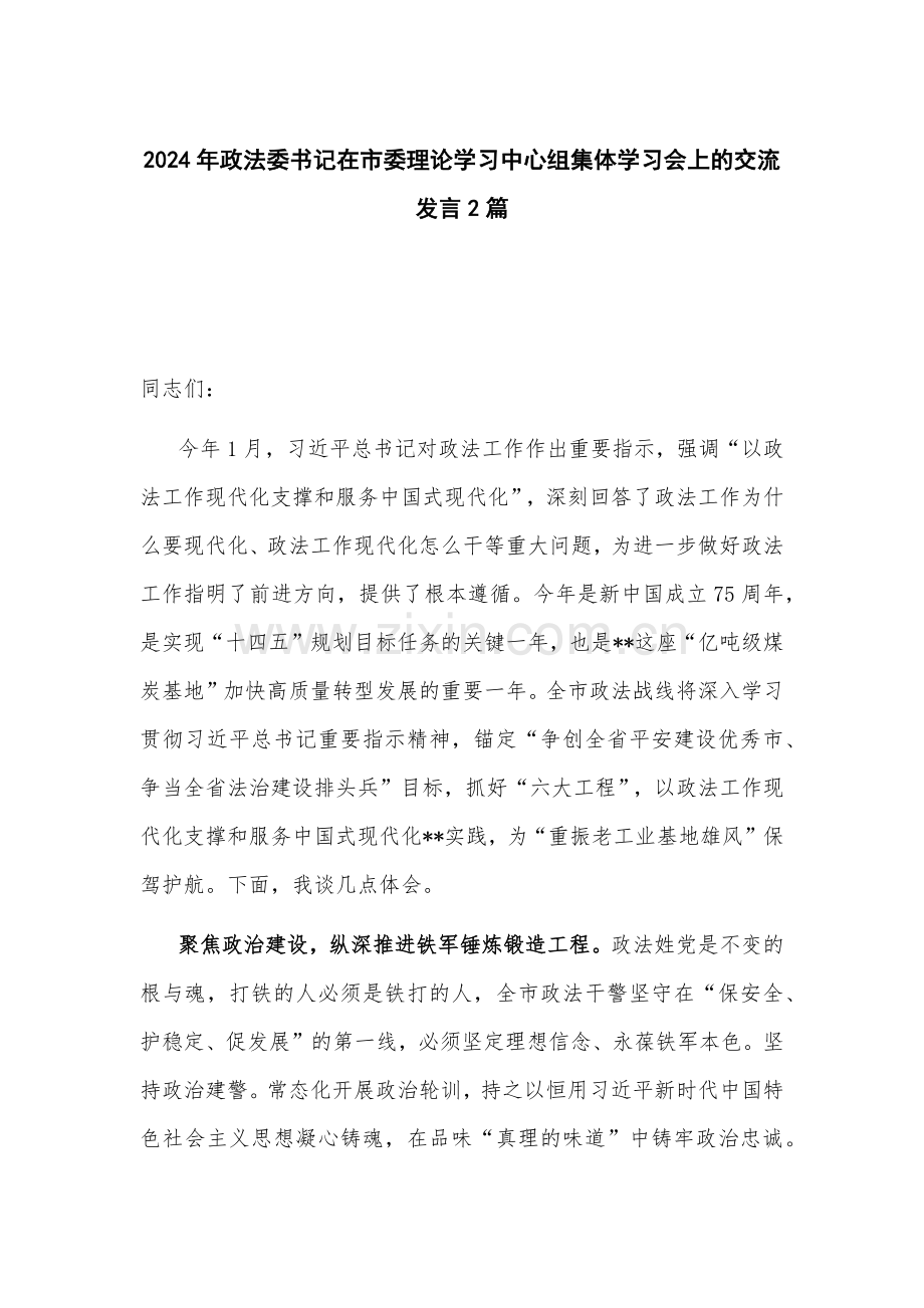 2024年政法委书记在市委理论学习中心组集体学习会上的交流发言2篇.docx_第1页