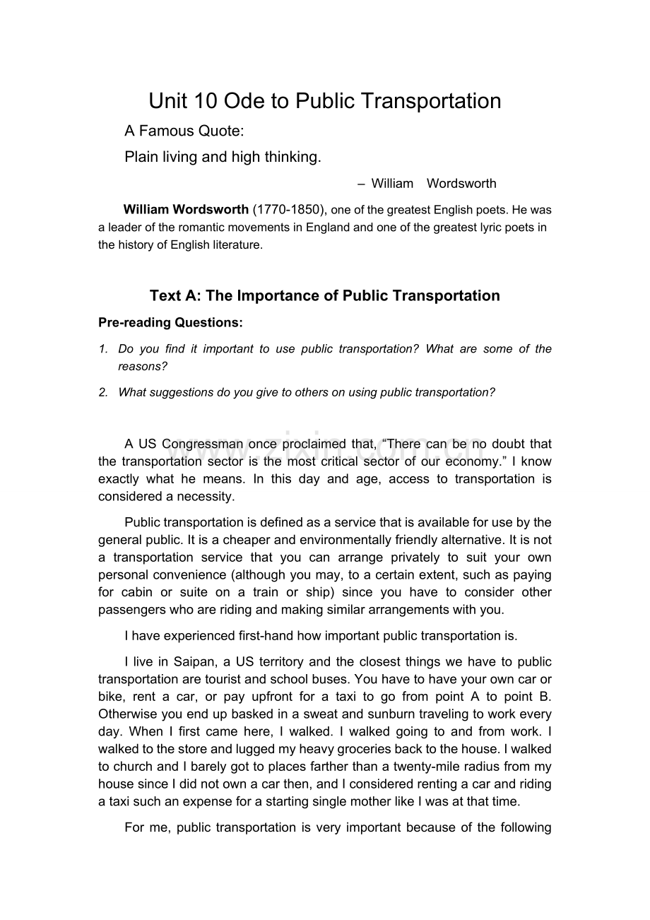 自考英语二(新版)原文Unit10OdetoPublicTransportation.doc_第1页