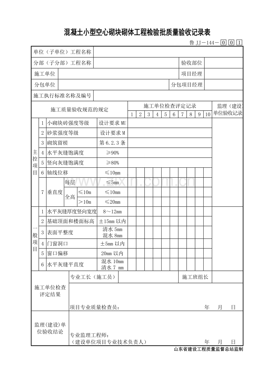 鲁JJ－144混凝土小型空心砌块砌体工程检验批质量验收记录表.DOC_第1页