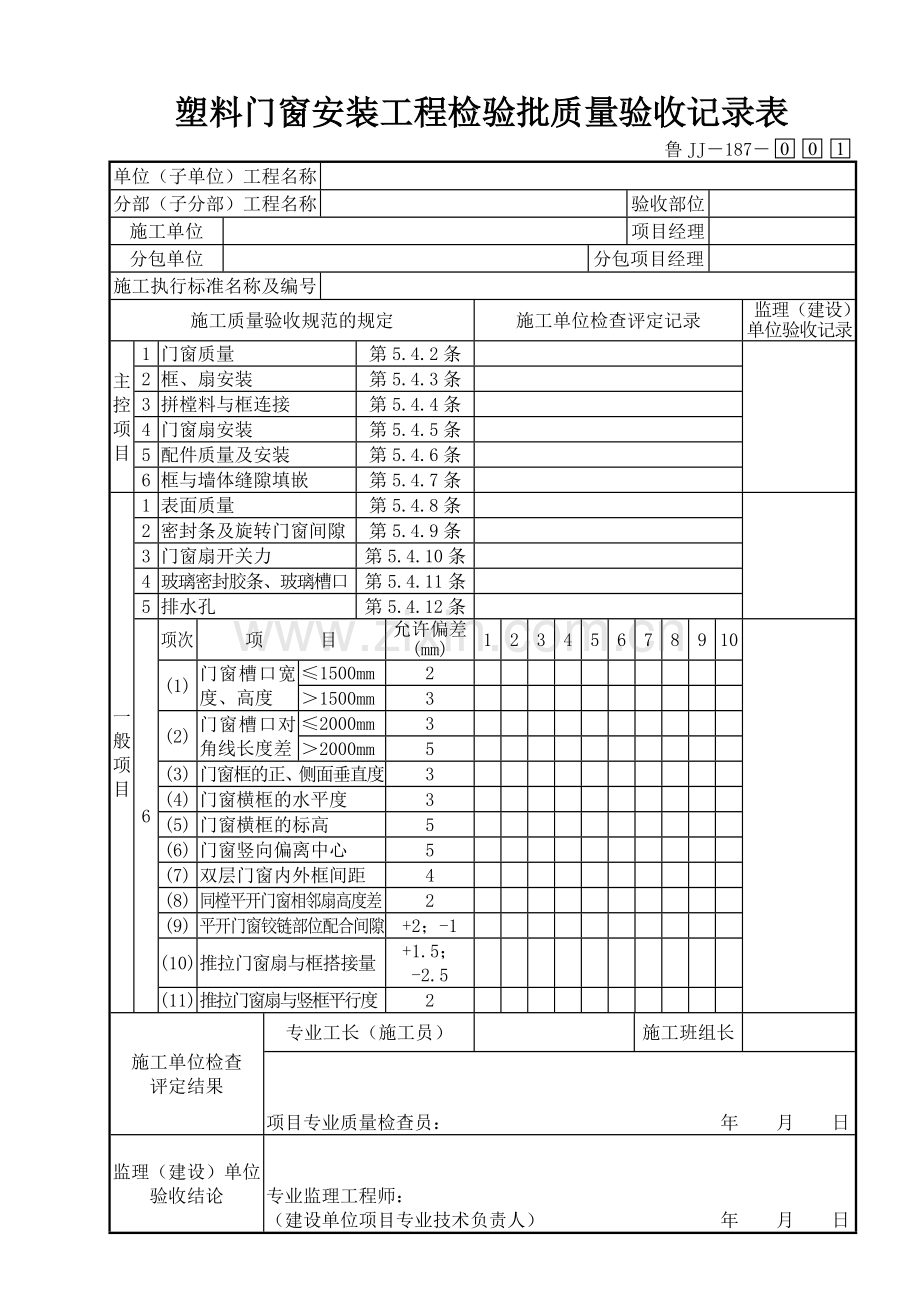 鲁JJ－187塑料门窗安装工程检验批质量验收记录表.DOC_第1页