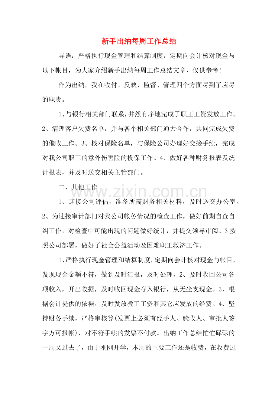 2019年新手出纳每周工作总结.doc_第1页